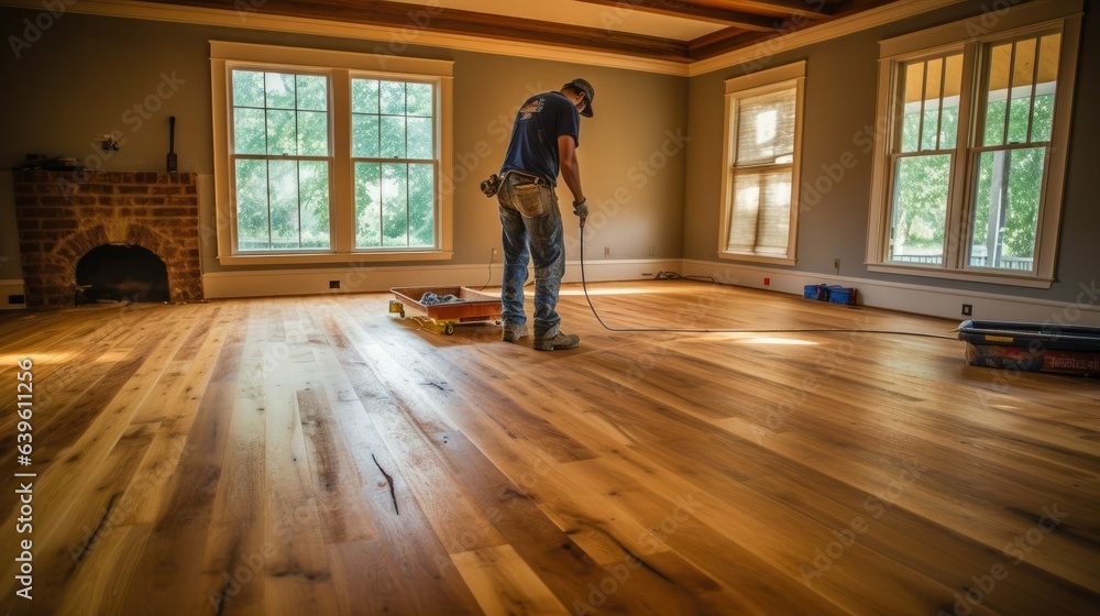 Man Refinishing Hardwood Floor in Home Improvement Project. Generative AI Man Refinishing Hardwood Floor in Home Improvement Project. Generative AI