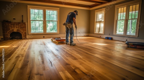Man Refinishing Hardwood Floor in Home Improvement Project. Generative AI