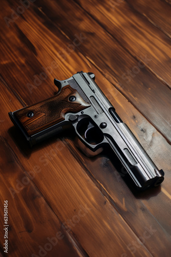 A pistol laying on a wooden table