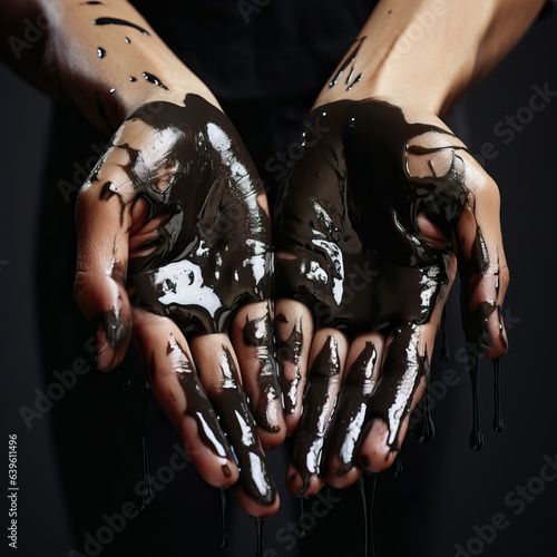 Hands covered in thick black Oil. Concept of pollution, oil usage and black industries causing damage to the environment. Washing hands in oil.