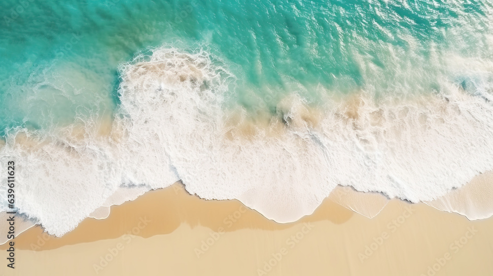 Aerial top view on nature landscape view of beautiful tropical clean sandy beach and soft blue ocean, Summer seascape waves