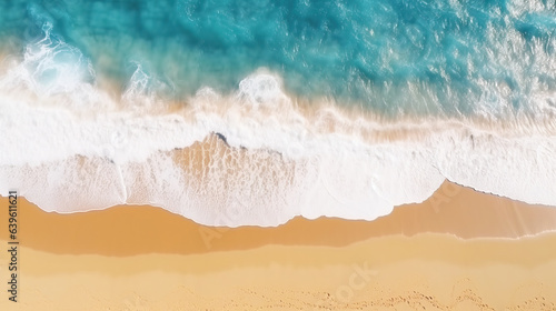 Aerial top view on nature landscape view of beautiful tropical clean sandy beach and soft blue ocean  Summer seascape waves