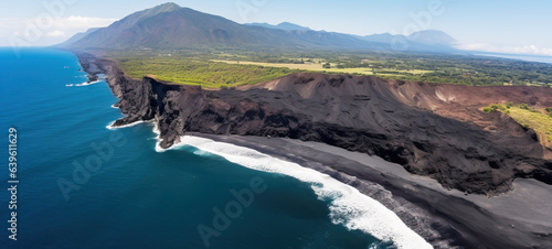 Black, volcanic beach, Aerial drone view of moody atlantic ocean wave on black sand beach in summer