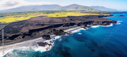 Black, volcanic beach, Aerial drone view of moody atlantic ocean wave on black sand beach in summer © chiew