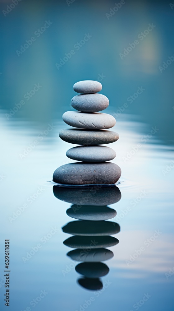 Zen stones symmetrically aligned against calm water. Zen stones symmetrically aligned against calm water.