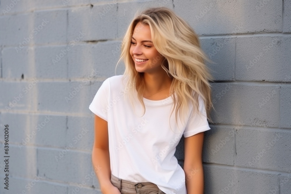 female wearing white tshirt for mock up with urban outdoor themed background female wearing white tshirt for mock up with urban outdoor themed background