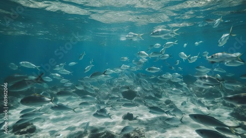 Underwater view with schooling fish and beautiful sunlight. Tropical fish in coastal waters. Wildlife. Sea and ocean world. Life in a coral reef. Ecosystem.