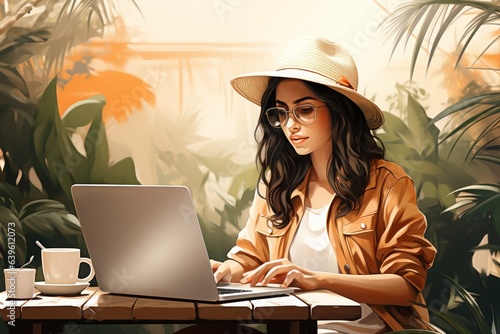 Illustration style of a young woman working at her desk. Generative AI.