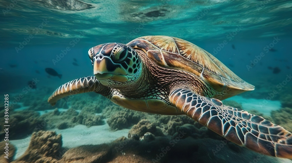 Obraz premium Exotic wildlife animal reptile. A giant sea turtle spreads its paws and swims in the blue depths of the sea or ocean. Copy space.