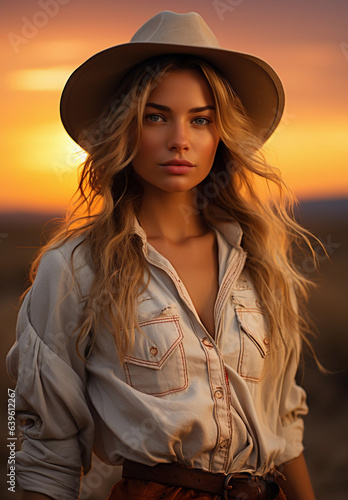 Beautiful girl with a smile on her face in a cowboy hat on the background of a beautiful sunset.