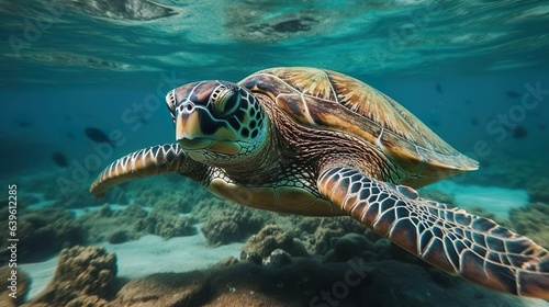 Exotic wildlife animal reptile. A giant sea turtle spreads its paws and swims in the blue depths of the sea or ocean. Copy space.