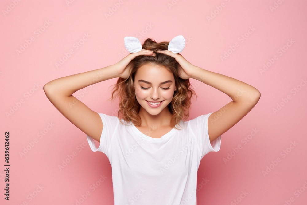 female with hands on head wearing white tshirt on pastel background