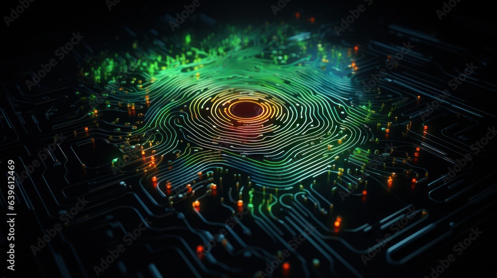 One fingerprint-like microchip of light yellow and dark emerald bright colors, the use of precious materials and metals. One fingerprint-like microchip of light yellow and dark emerald bright colors, the use of precious materials and metals.