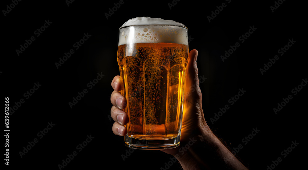 Male hand holding fresh beer on black background.