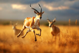 An Antelope running fast to escape a predator following it in open savanna