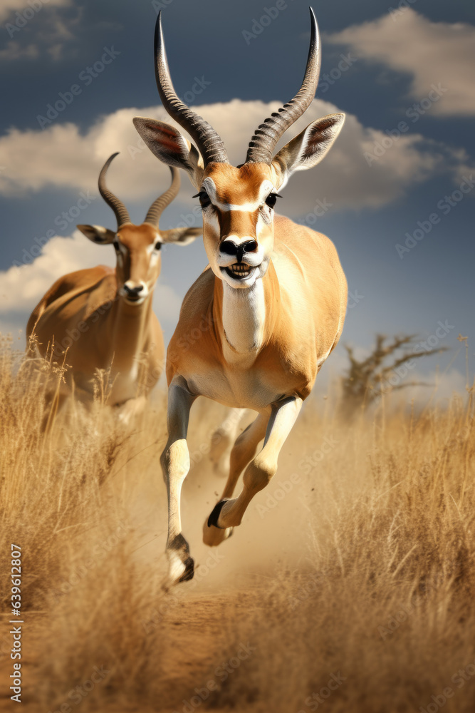 Fototapeta premium An Antelope running fast to escape a predator following it in open savanna