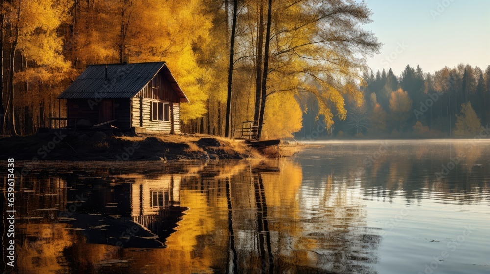 A wooden house at a lake