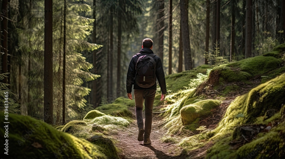 Fototapeta premium Male hiker, full body, view from behind, walking through a coniferous forest