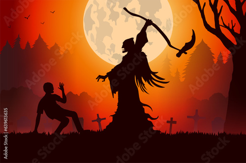 Angel of Death with black wings will kill a man on the floor with a sickle on a full moon night at the graveyard. Silhouette Illustration about Halloween mystery night.
