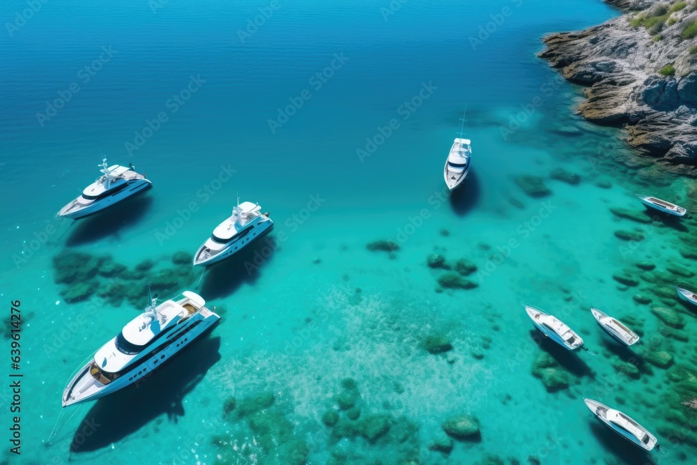 Fototapeta premium aerial view of beautiful yachts sailing in blue sea, AI Generated