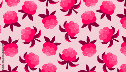 Seamless pattern of raspberries on pink background. Berry wallpaper. Fruit design for packaging paper, textiles, packaging, fabric.