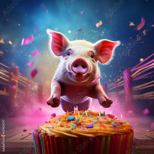 cute funky pig jumping into a birthday cake