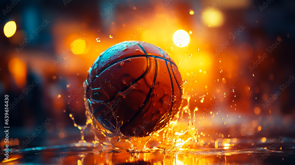 A basketball is flying into a hoop with an audience, in the style of shallow depth of field, intertwining materials, svetlin velinov, infinity nets,