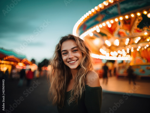 Beautiful happy young girl at carnival, bright lights and colorful background © piknine