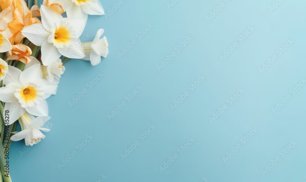 A narcissus flowers bouquet on a pastel blue background with empty copyspace. Mother's Day concept. Created by generative AI A narcissus flowers bouquet on a pastel blue background with empty copyspace. Mother's Day concept. Created by generative AI