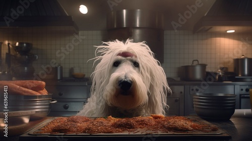 Komondor dog Chef in a kitchen photo