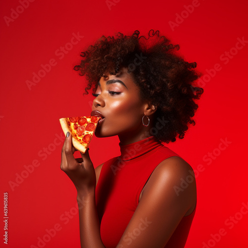 Black woman eating a slice of pizza.