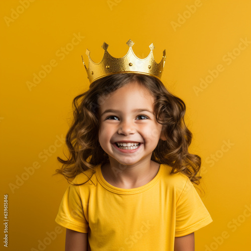 Little girl with a crown on a yellow background.