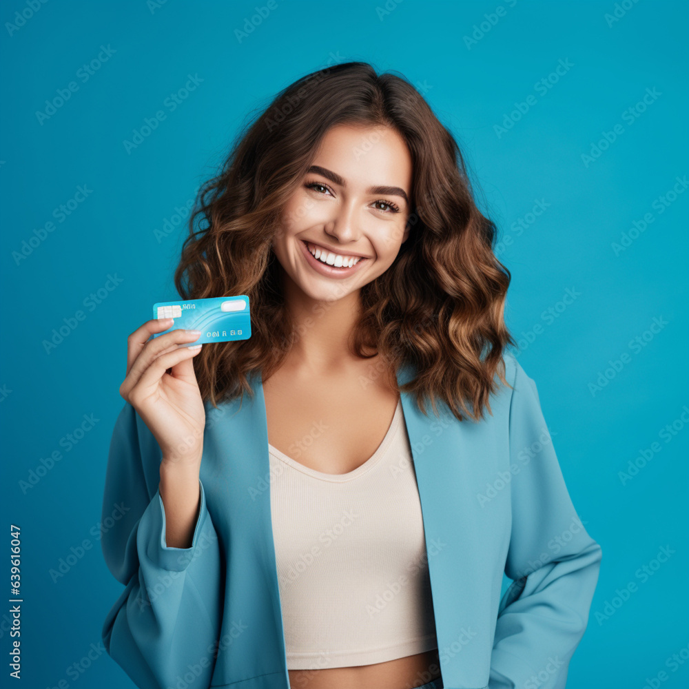 Woman with credit card on a blue background.