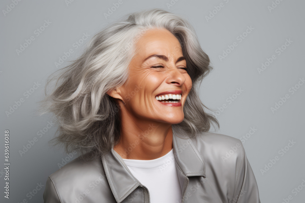 Beautiful Woman Mid 50S. Elderly Senior Woman With Grey Hair laughing. Ai Generated Beautiful Woman Mid 50S. Elderly Senior Woman With Grey Hair laughing. Ai Generated
