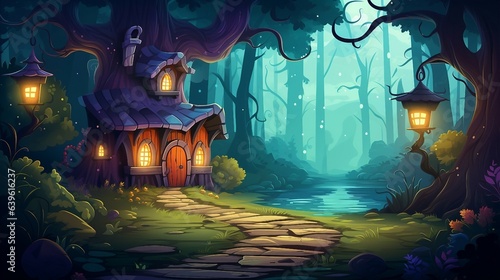 Fantasy tree house in the magical forest at night illustration AI Generated
