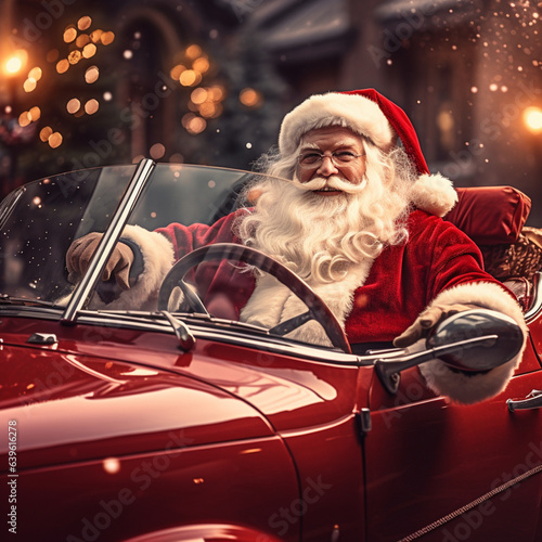 Santa Claus in a red car.