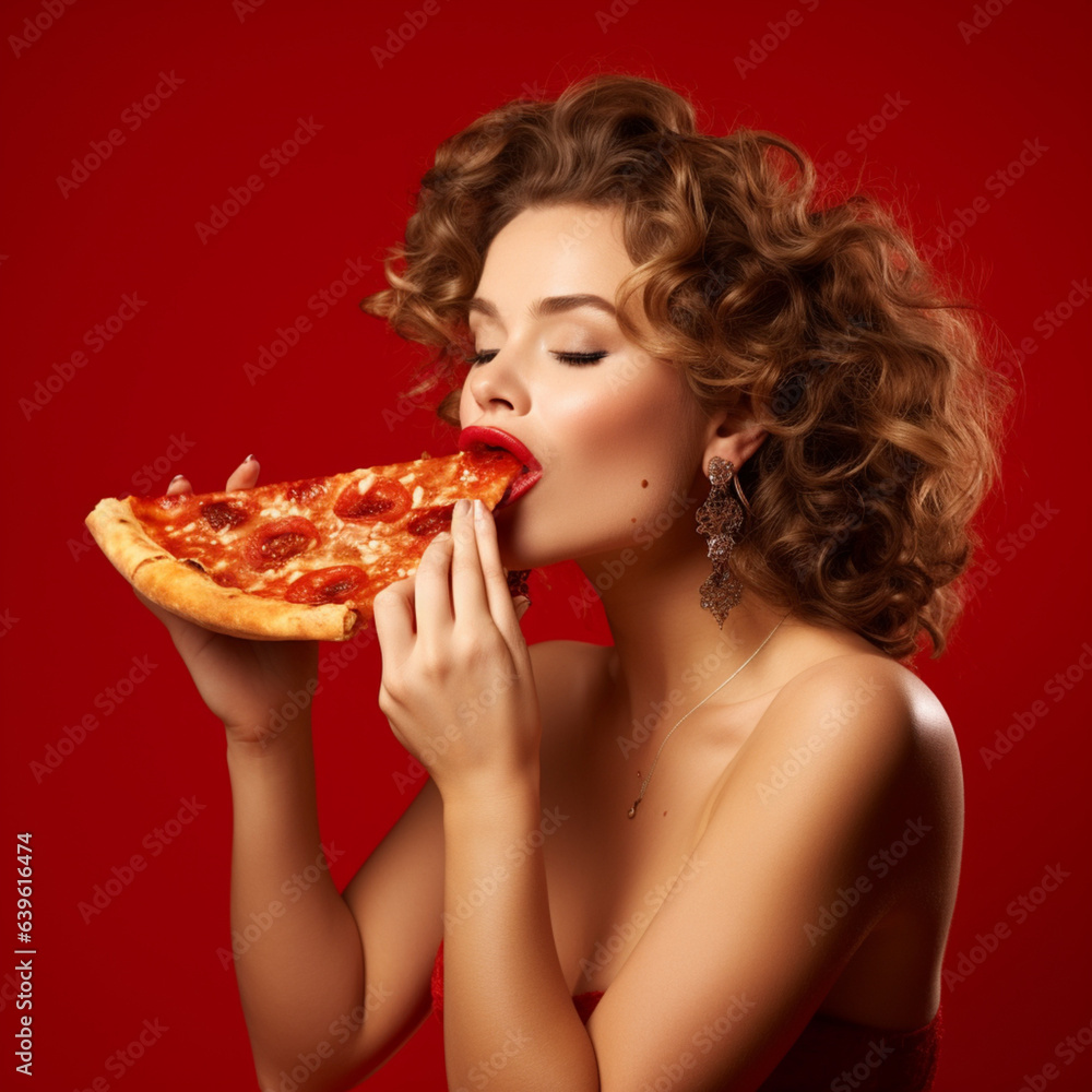 Happy woman eating pizza on a red background.