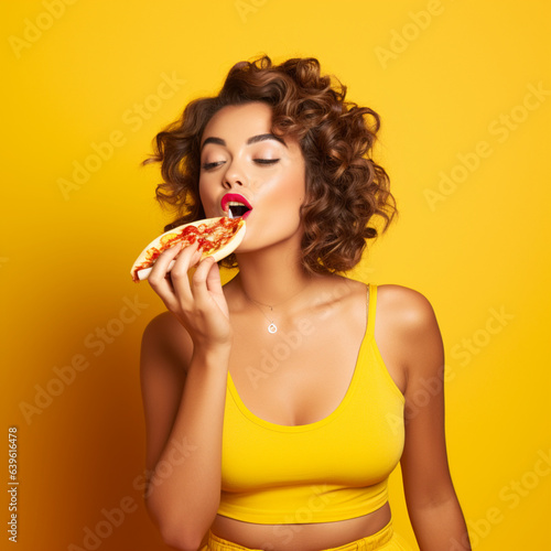 Wallpaper Mural Happy woman eating pizza on a yellow background. Torontodigital.ca