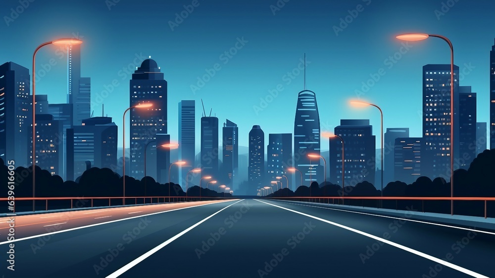 Cityscape with city lights and highway at night illustration AI Generated