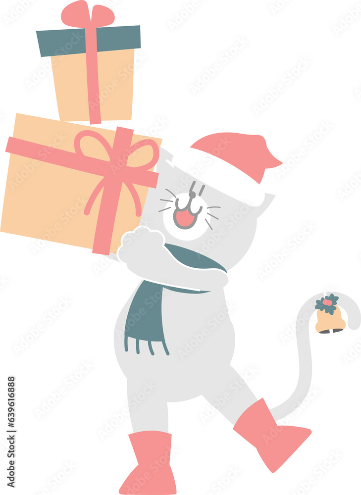 merry christmas and happy new year with cute cat and gift box, flat png transparent element cartoon character design merry christmas and happy new year with cute cat and gift box, flat png transparent element cartoon character design