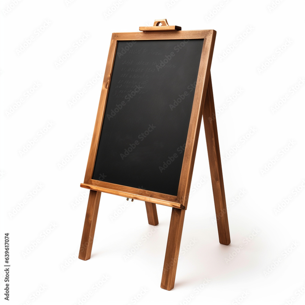 Blackboard menu with easel on wooden table with blur restaurant background Blackboard menu with easel on wooden table with blur restaurant background