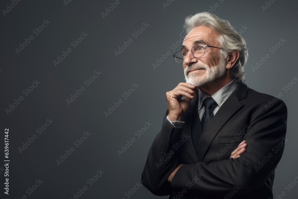 Old businessman in studio shoot thinking portrait in smile expression with suit dress Old businessman in studio shoot thinking portrait in smile expression with suit dress