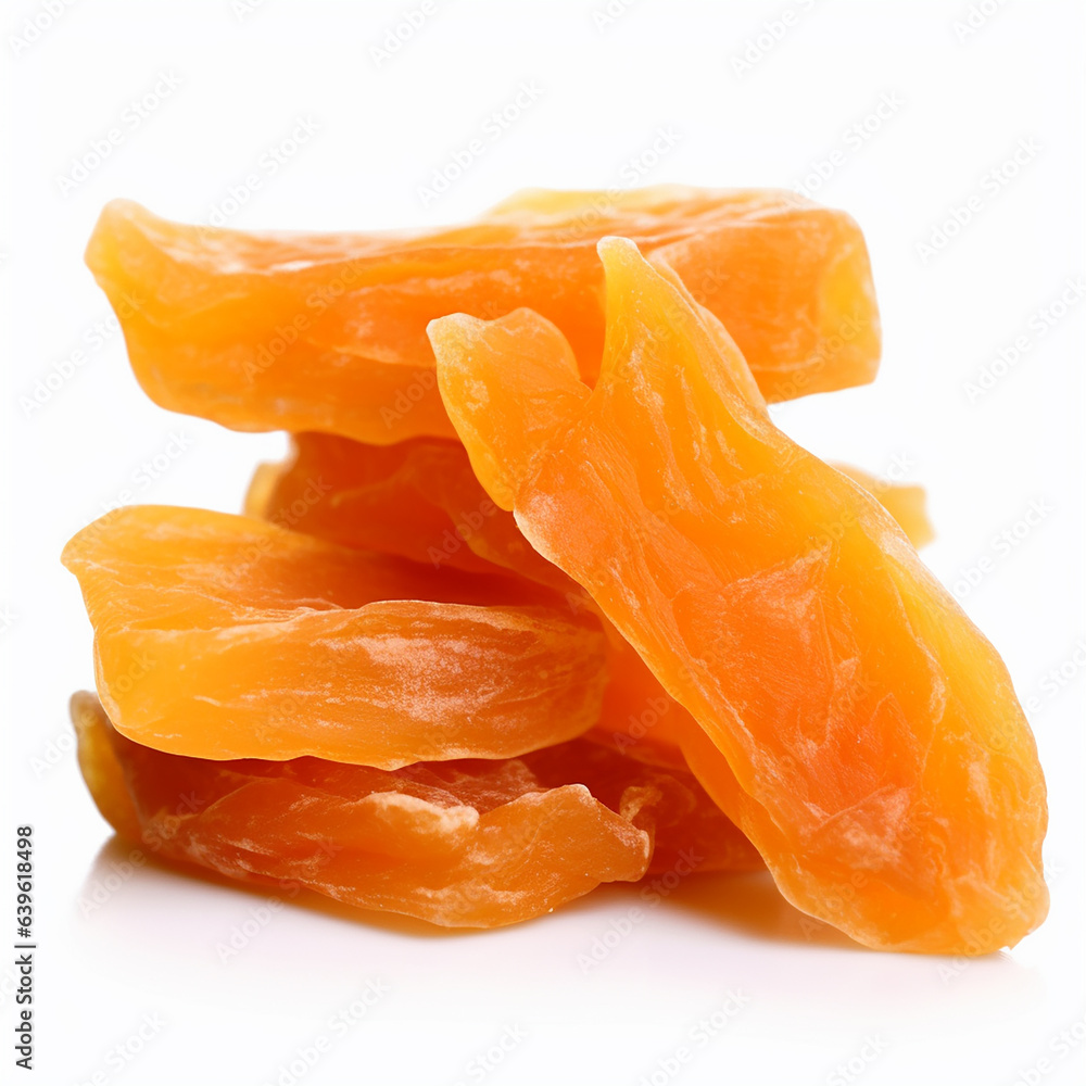 Wholesome Dried Papaya Slices on White Background: Nature's Sweet Snack Wholesome Dried Papaya Slices on White Background: Nature's Sweet Snack