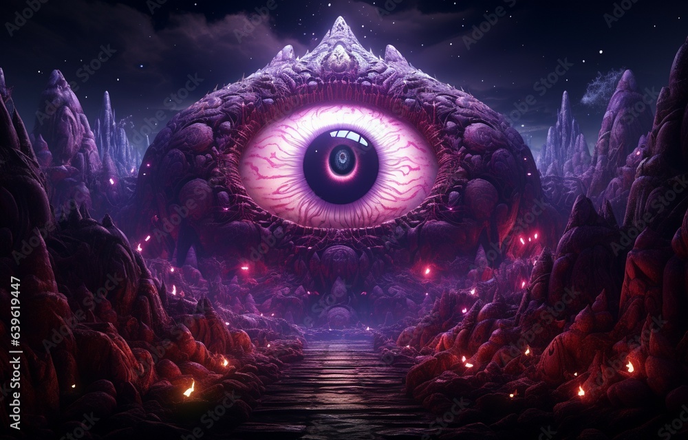 Open third eye Trippy 3D psychedelic mushrooms magic tunnel beautiful background art. Generative AI - obrazy, fototapety, plakaty 