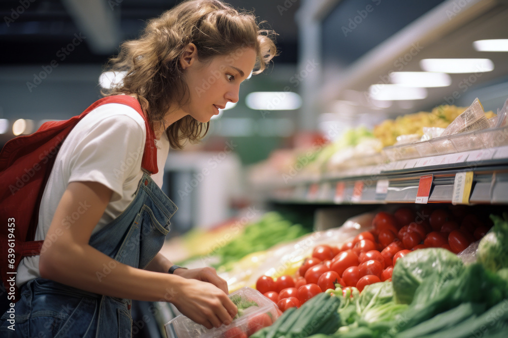 A young woman browses through grocery store aisles with a concerned look. She's carefully selecting items while checking prices, visibly affected by budget constraints and rising inflation.