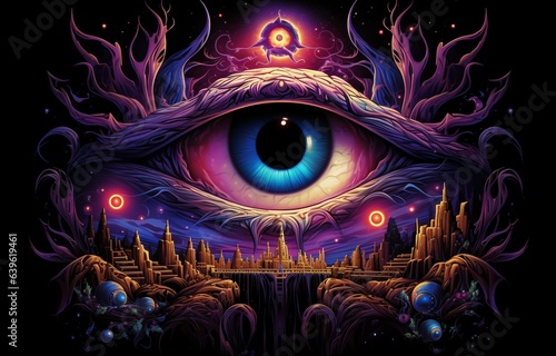 Open third eye Trippy 3D psychedelic mushrooms magic tunnel beautiful background art. Generative AI