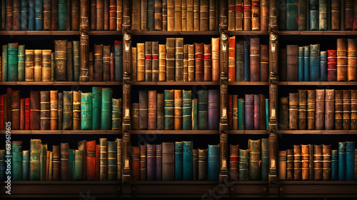 Old Ancient Bookshelf with multi-color ornamental books stacked, as a wide wallpaper. 16:9 aspect ratio image. Pld library with ancient books. Graduation Backdrop.