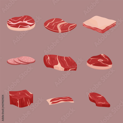 set of fresh red meat like beef, pork in cartoon style