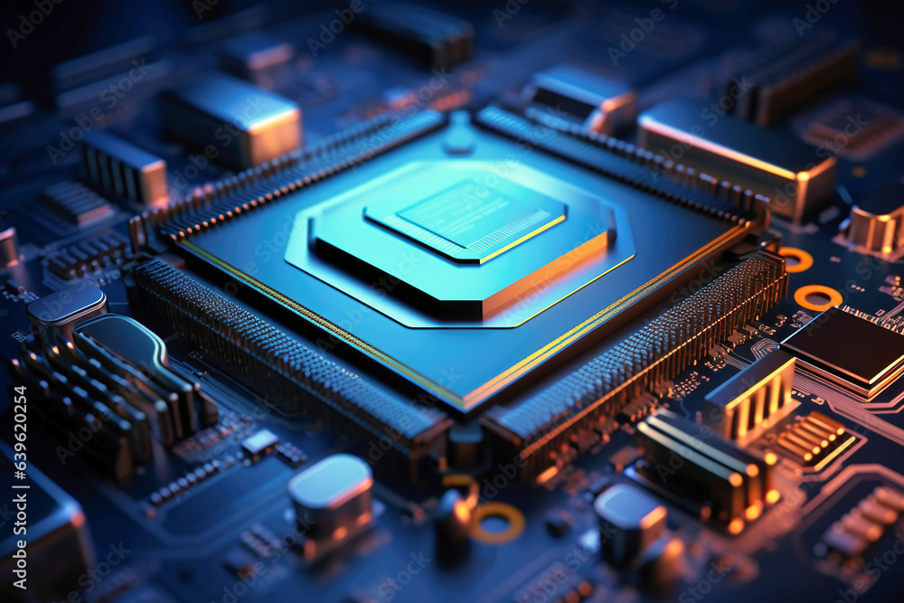 A powerful computer processor or chip on a motherboard. Modern technologies. Blue background. A powerful computer processor or chip on a motherboard. Modern technologies. Blue background.
