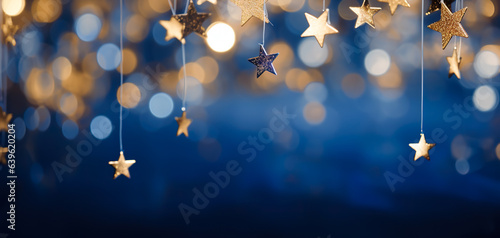 Abstract navy background and gold shine stars. New year, Christmas background with gold stars and sparkling. Christmas Golden light shine particles bokeh on navy background. Gold foil texture, ai